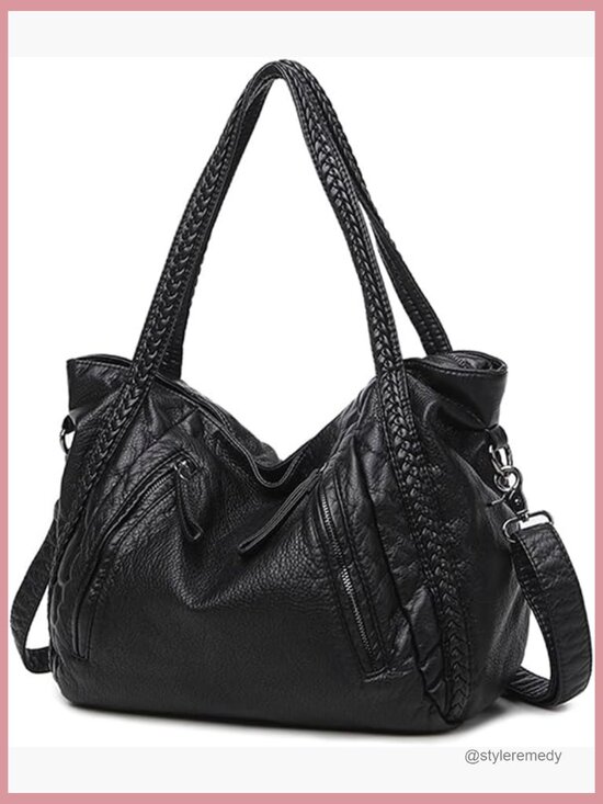 Handbags - Slouchy Vegan Leather Hobo Bag - Oversized Shoulder Purse with Braided Handle